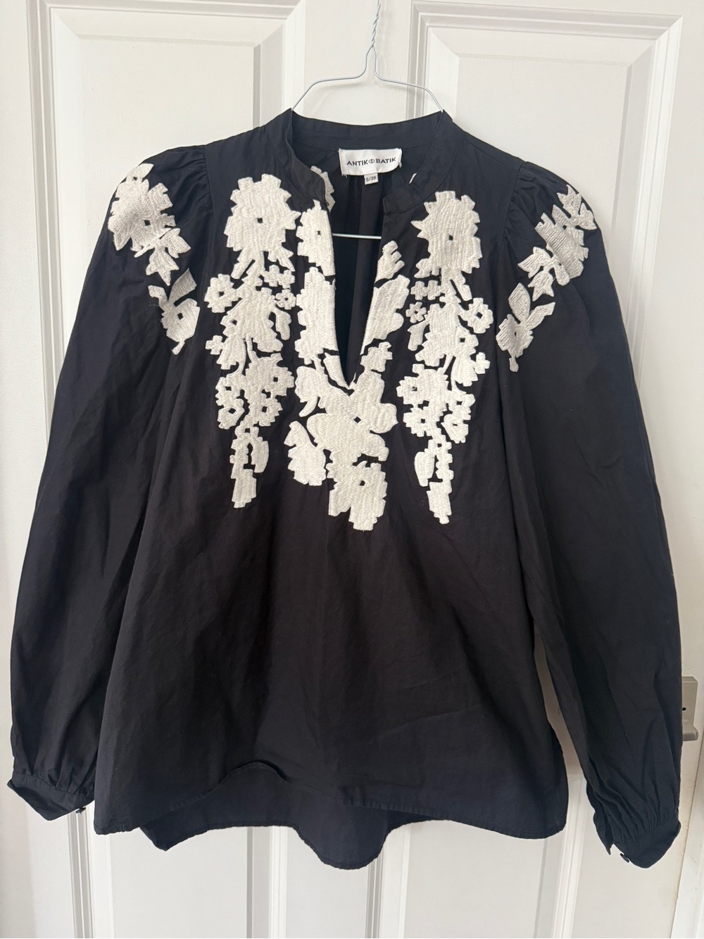 Antik Batik Black Top with White Floral Embroidery size S
